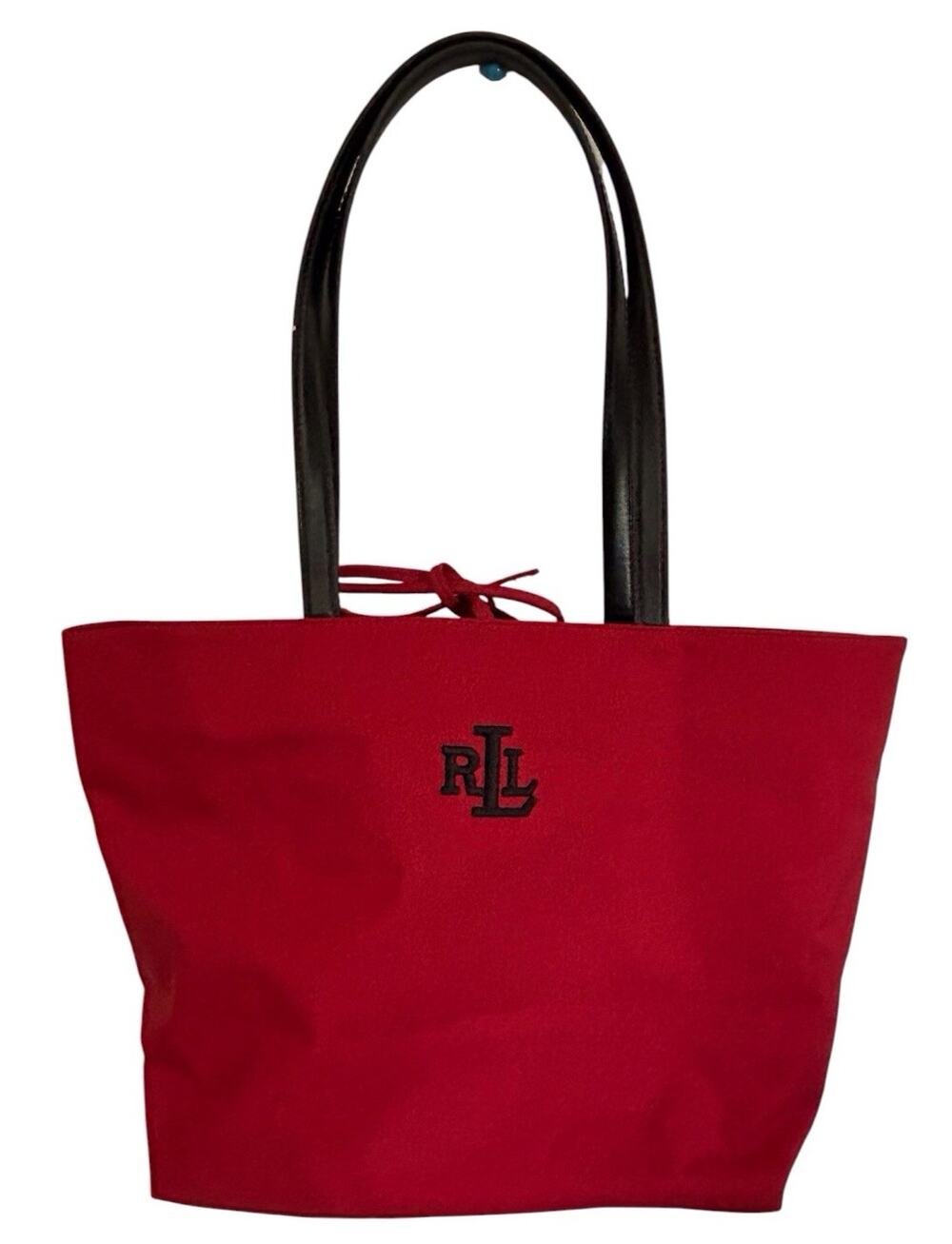 Lauren Ralph Lauren Red Tote Bag Black Straps. Tie Closure Classic Holiday
